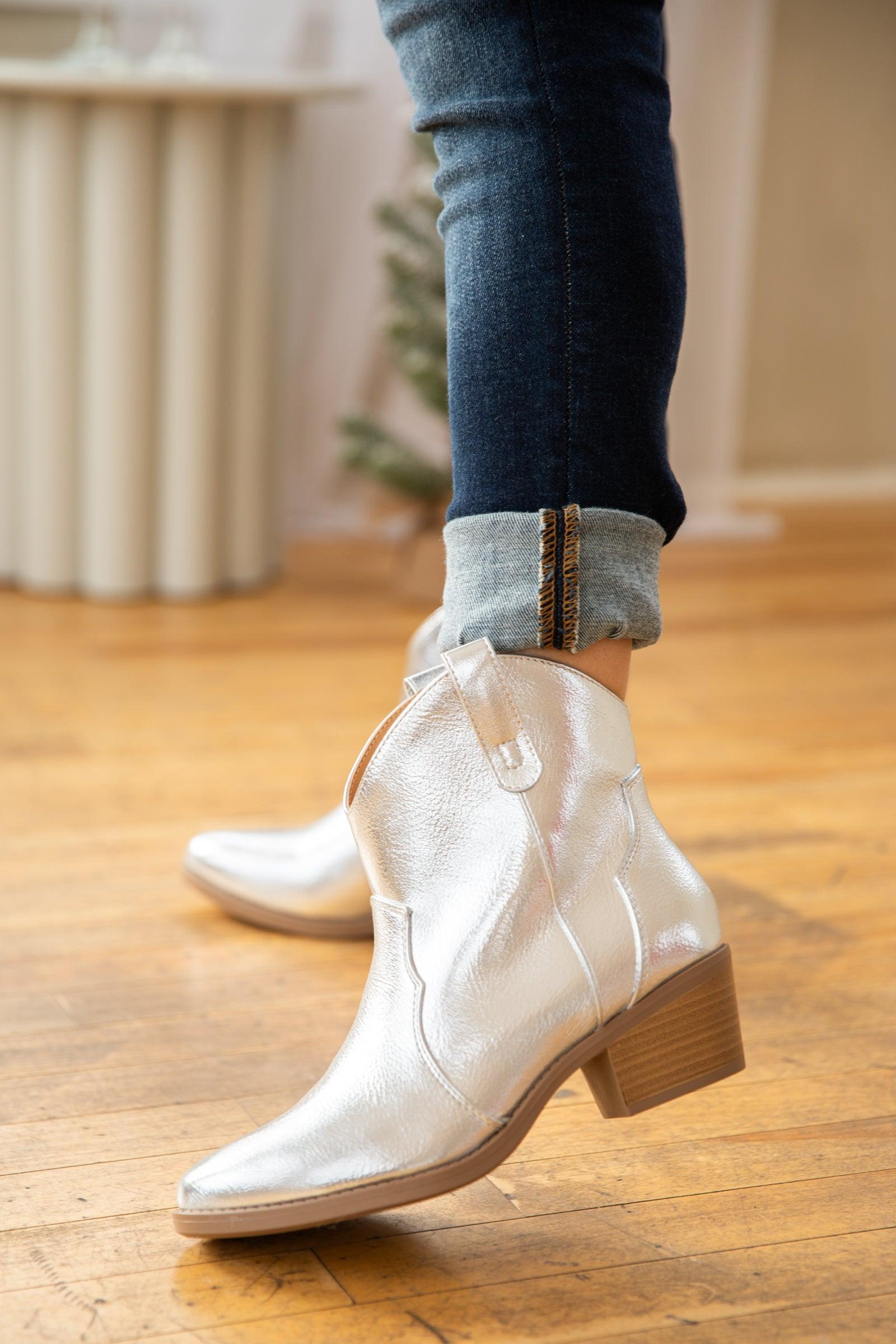 Silver Metallic Point Toe Western Booties Product Image