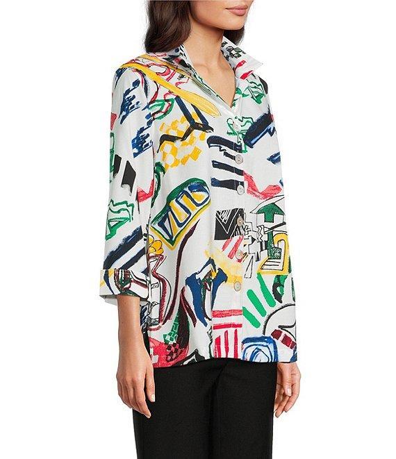 Ali Miles Woven Abstract Doodle Print Wire Collar 3/4 Sleeve Button Front Tunic Product Image