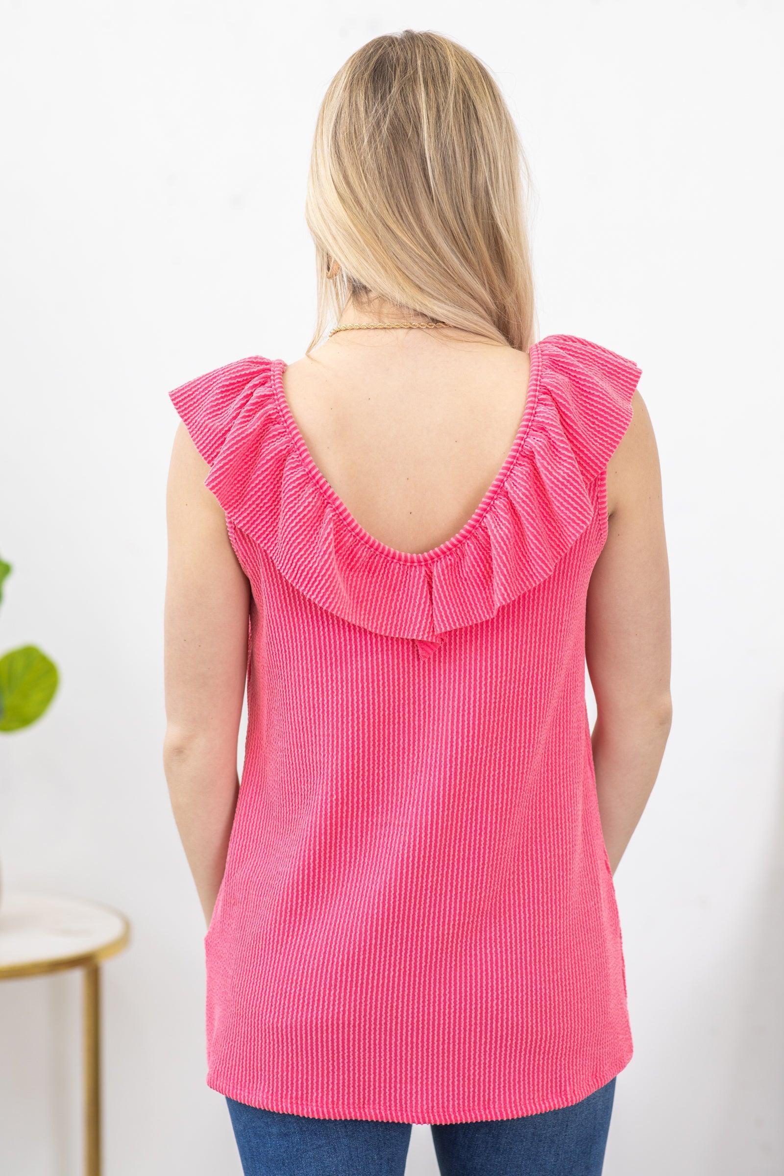 Coral Ruffled V-Neck Ribbed Knit Tank Product Image
