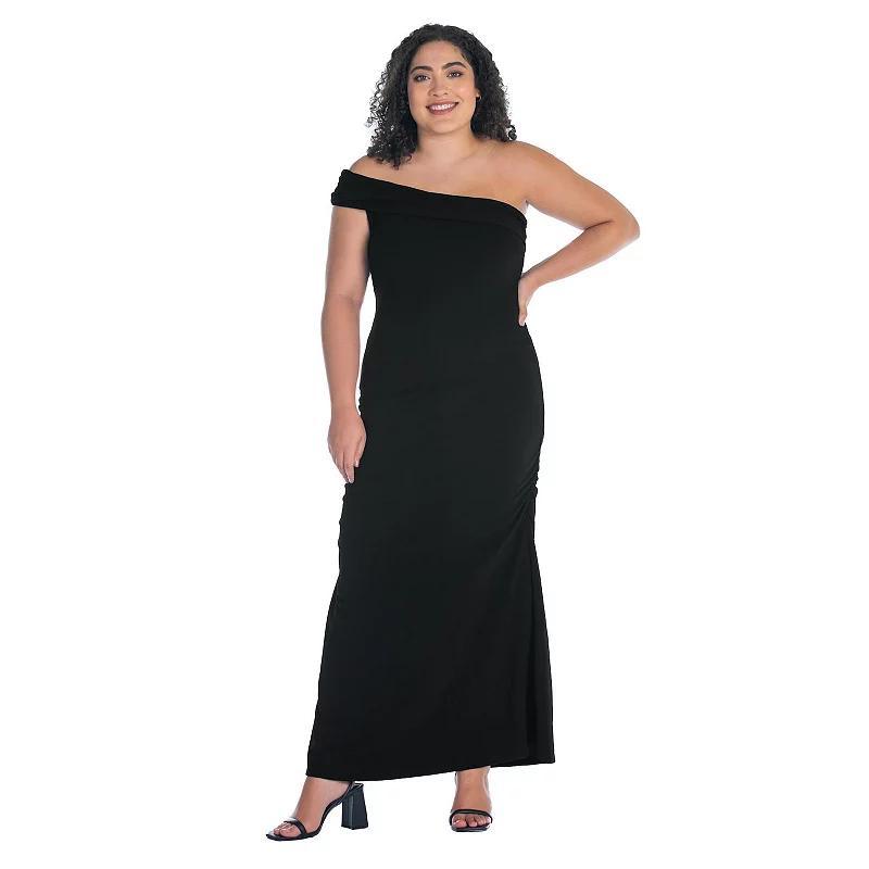 Plus Size 24Seven Comfort Apparel Formal One Shoulder Ruched Mermaid Maxi Dress, Women's, Size: 2XL, Black Product Image