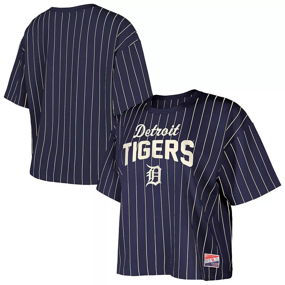 Women's New Era Navy Detroit Tigers Cooperstown Collection Multiplier Pinstripe Cropped T-Shirt, Size: Large, Blue Product Image