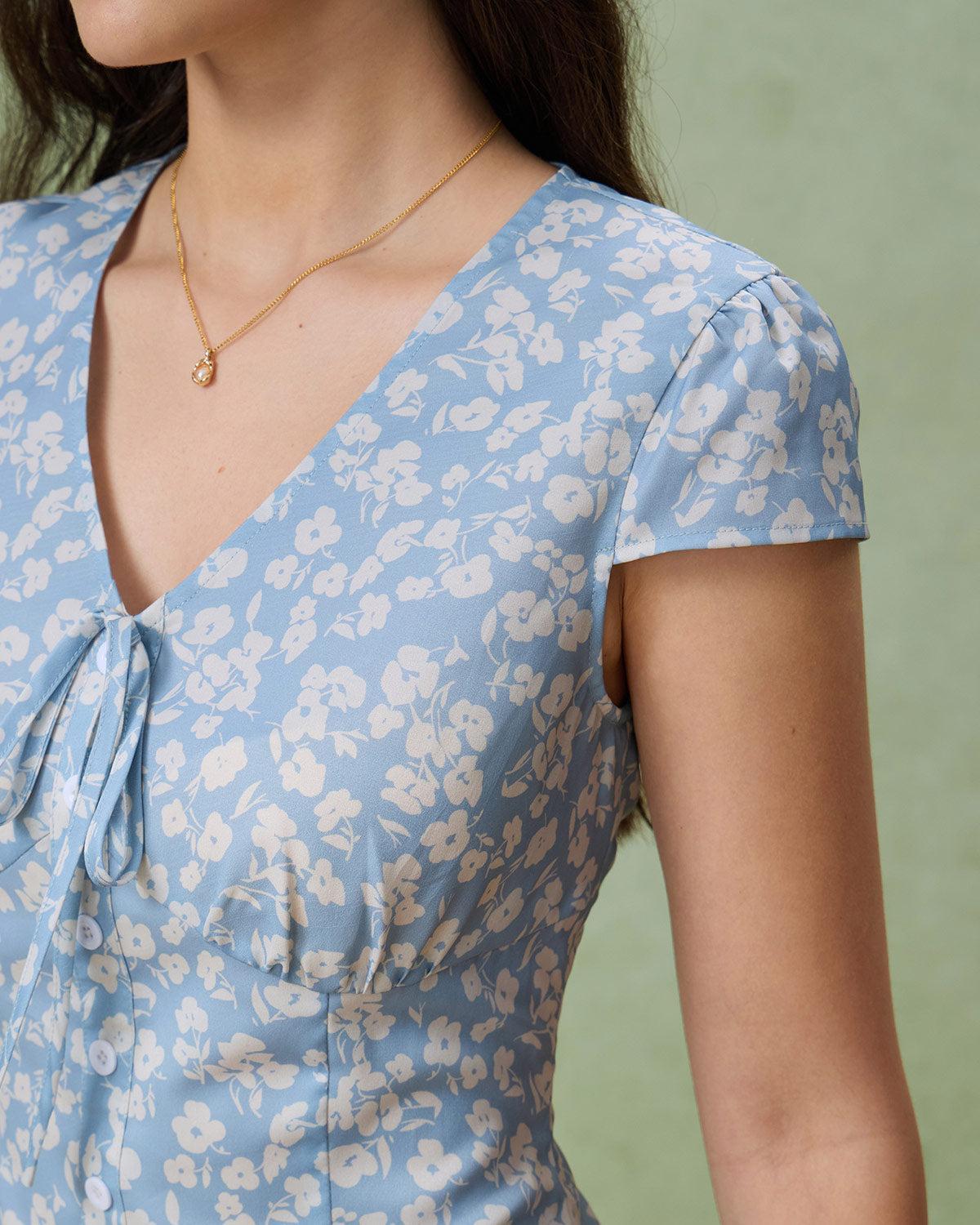 Blue Floral V-Neck Blouse Product Image