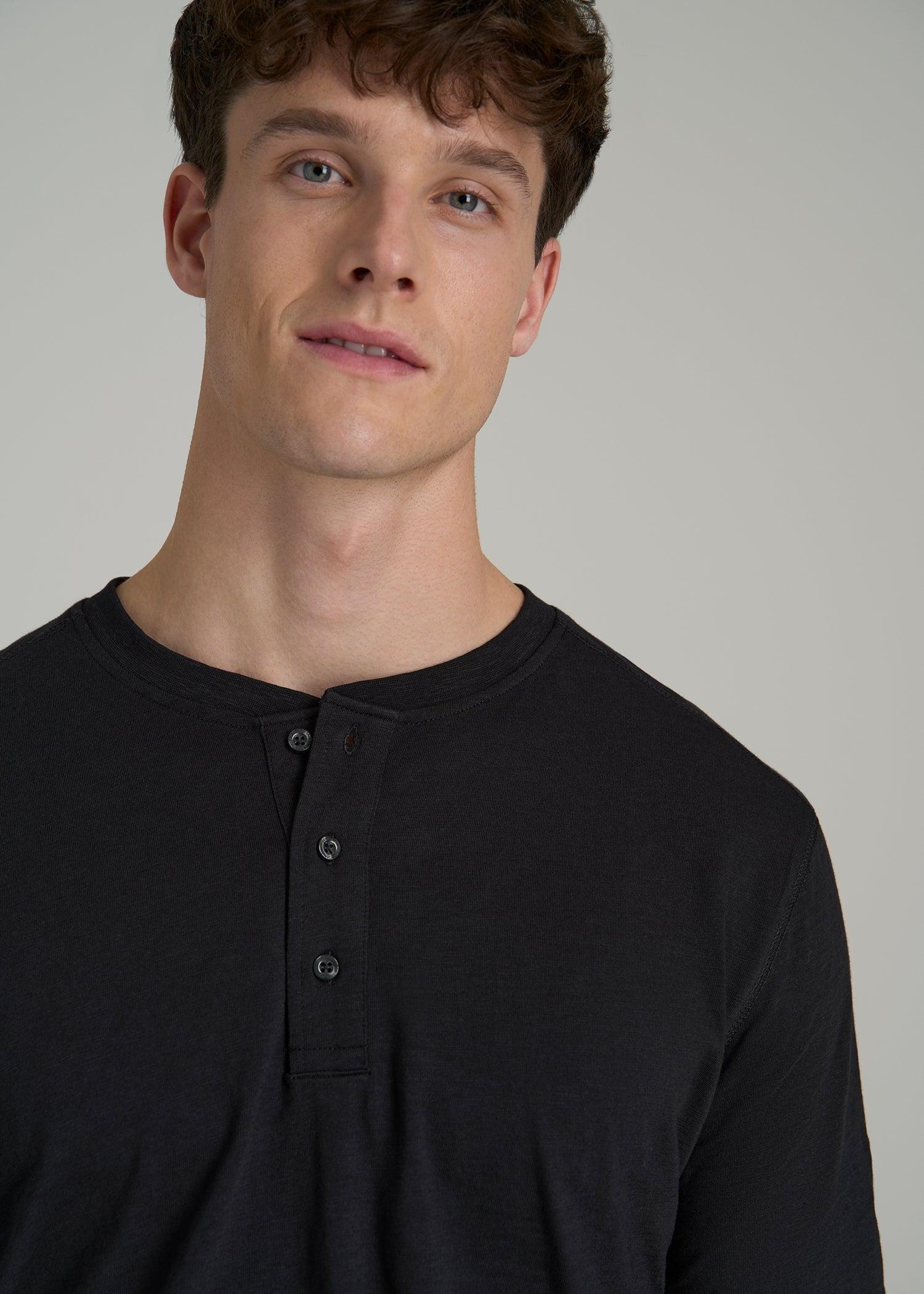 Three-Button Long Sleeve Slub Henley for Tall Men in Black Male Product Image
