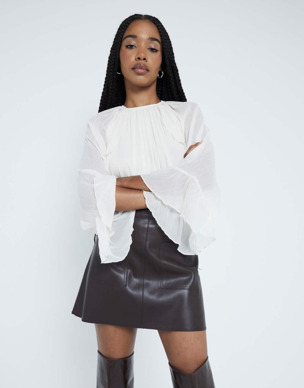 River Island faux leather patch pocket mini skirt in dark brown Product Image