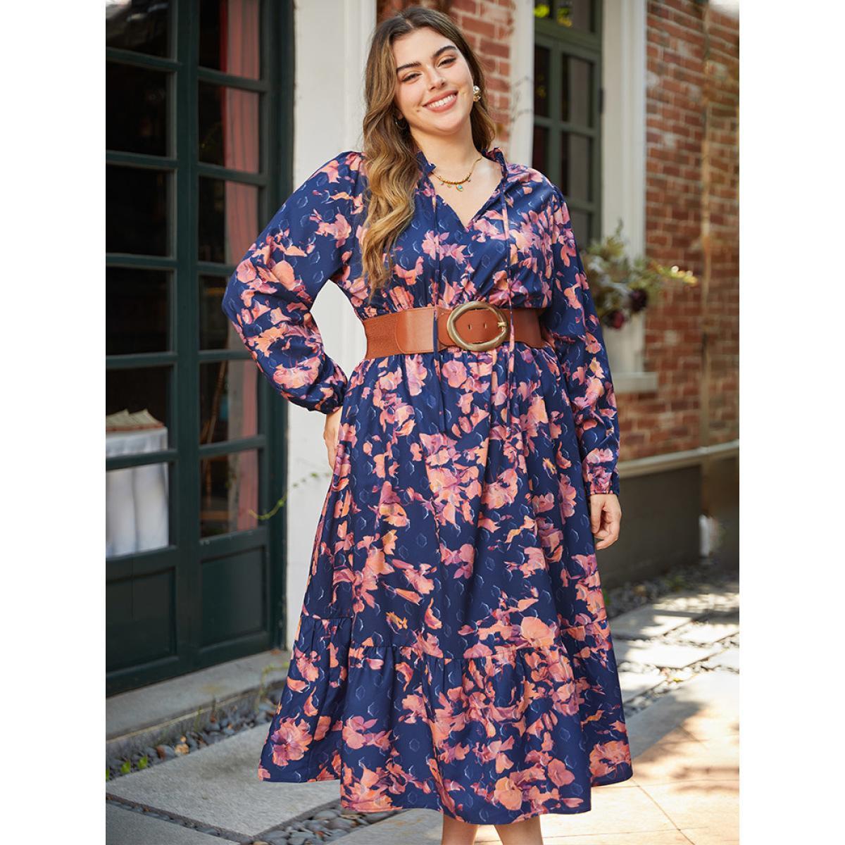 Plus Size Floral Print Shirred Frill Trim Ties Dress DarkBlue Women Elegant Elastic cuffs Tie Neck Long Sleeve Curvy Midi Dress BloomChic 10/M Product Image