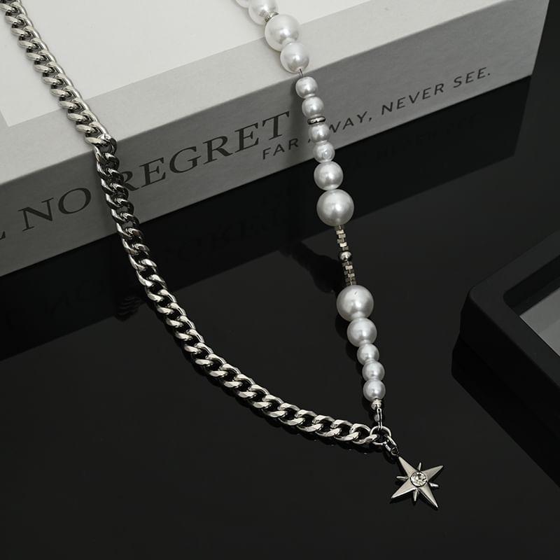 Star Pendant Faux Pearl Stainless Steel Choker Product Image