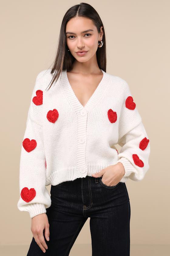 Herz Ivory 3D Heart Button-Up Cardigan Sweater Product Image