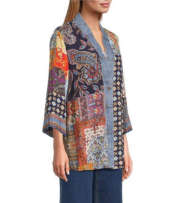 John Mark Embroidered Patchwork 3/4 Sleeve Open Front Kimono Product Image