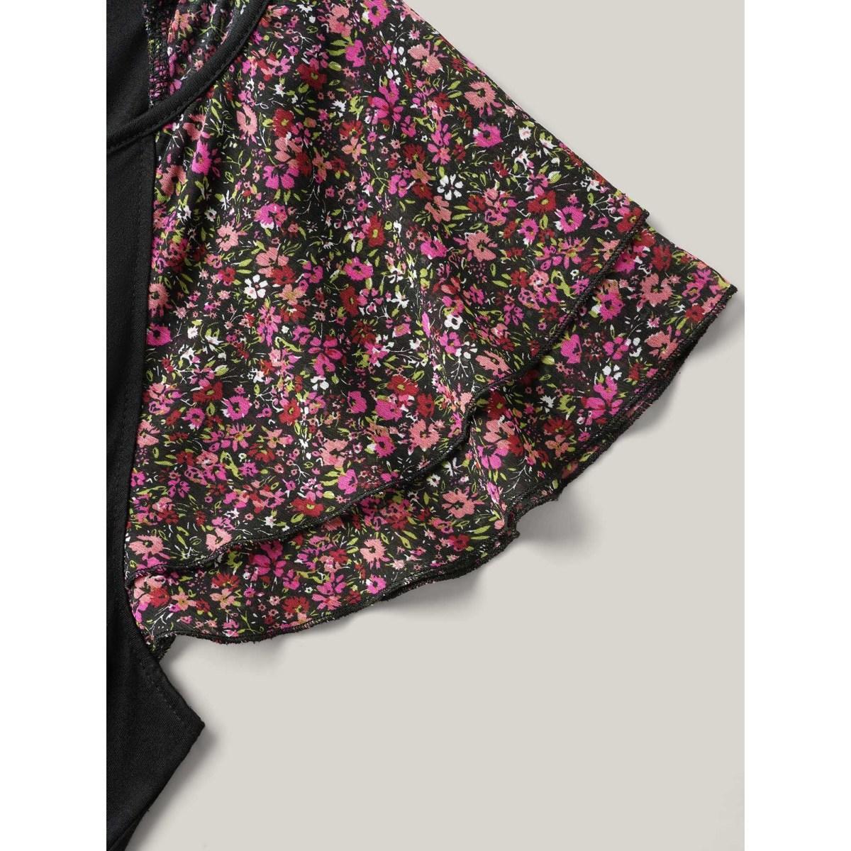 Plus Size Floral Sleeves Spliced Pockets Midi Dress Black Women V-neck Cap Sleeve Curvy BloomChic 18-20/2X Product Image