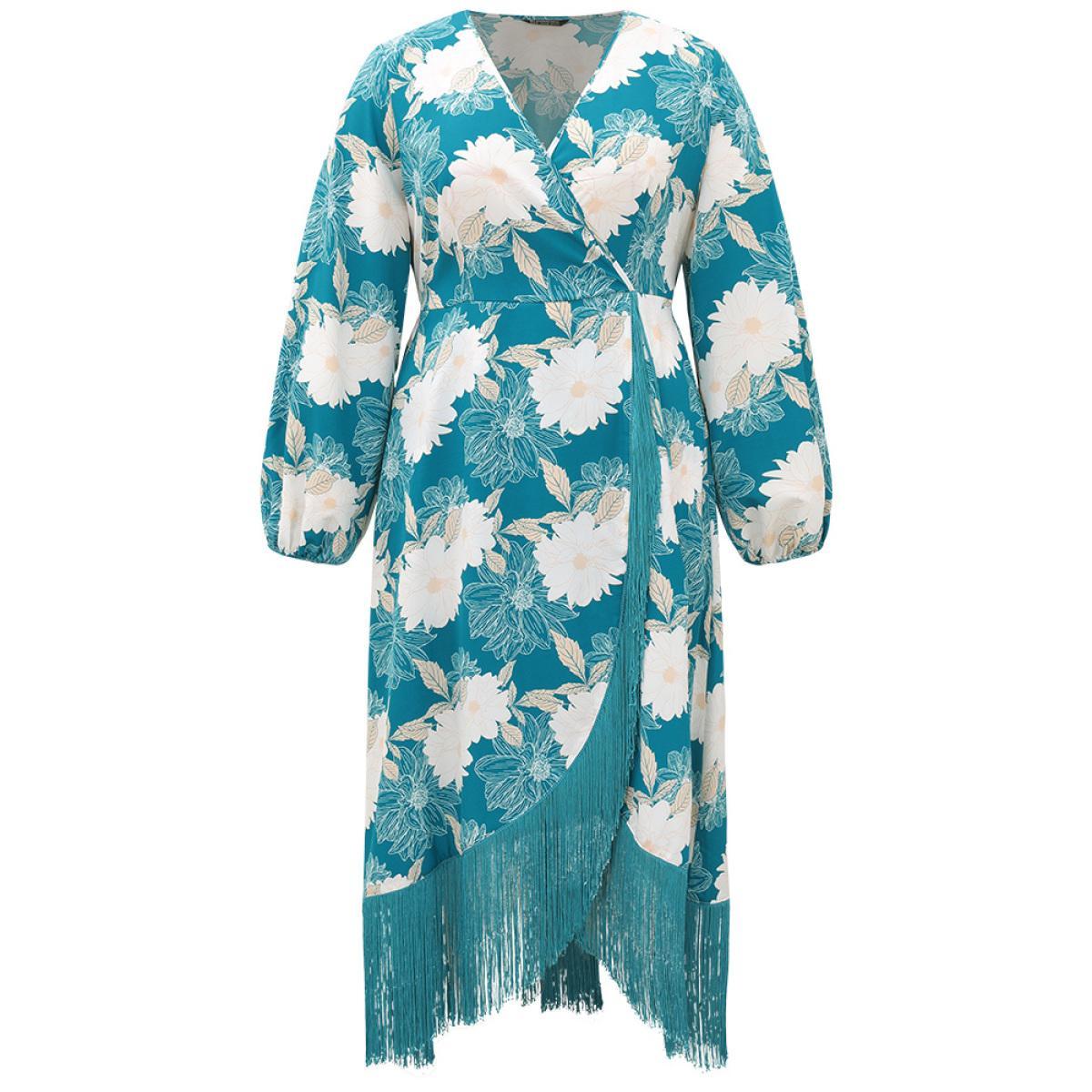 Plus Size Floral Print Wrap Tassel Trim Lantern Sleeve Dress Cerulean Women Elegant Elastic cuffs V-neck Long Sleeve Curvy Midi Dress BloomChic 30/6X Product Image