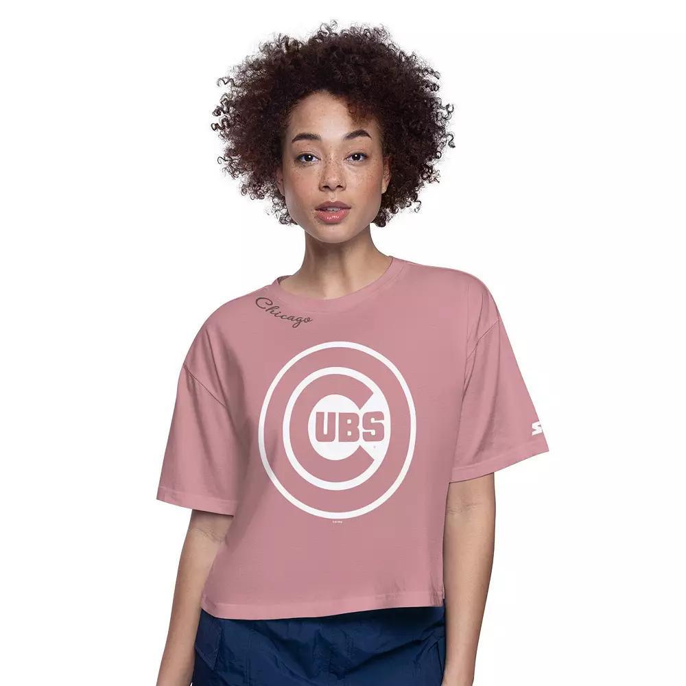 Women's Starter Pink Chicago Cubs Play the Ball Boxy Cropped T-Shirt,  Product Image