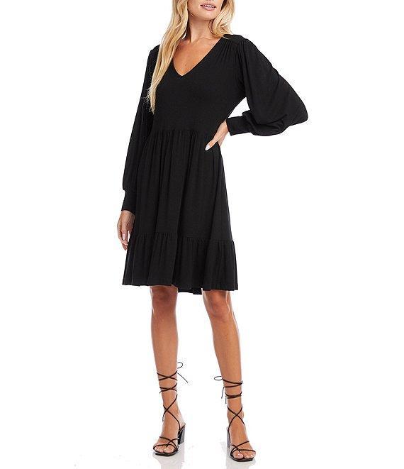 Karen Kane V-Neck Long Blouson Sleeve Tiered Ruffle A-Line Dress Product Image