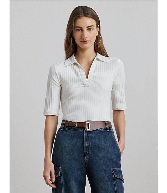Lauren Ralph Lauren Petite Size Rib Knit Collared Elbow Sleeve Slim Fit Polo T-Shirt Product Image