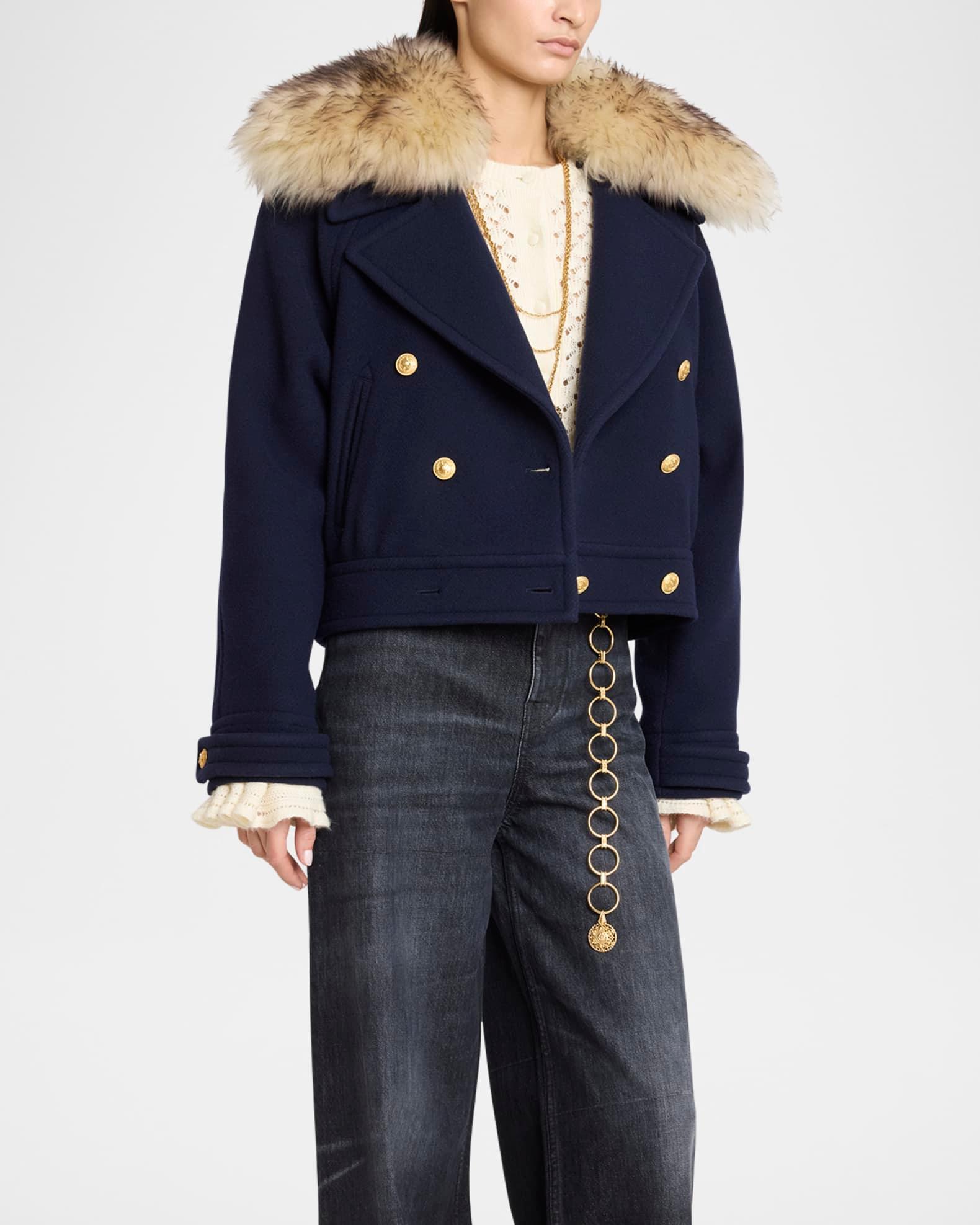 Faux-Fur Collar Double-Breasted Wool Bomber Jacket Product Image