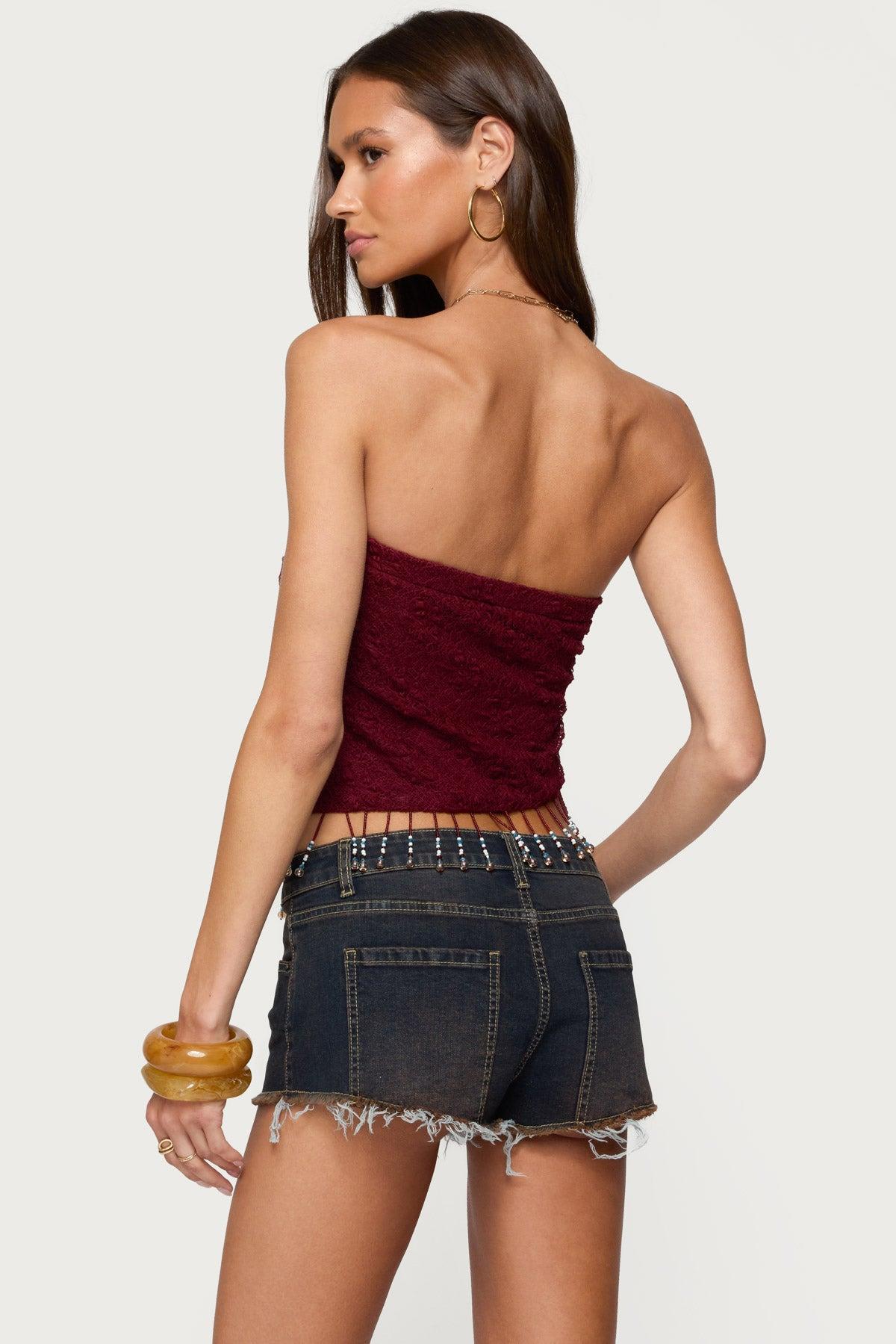 Textured Asymmetric Bead Fringe Strapless Top Product Image