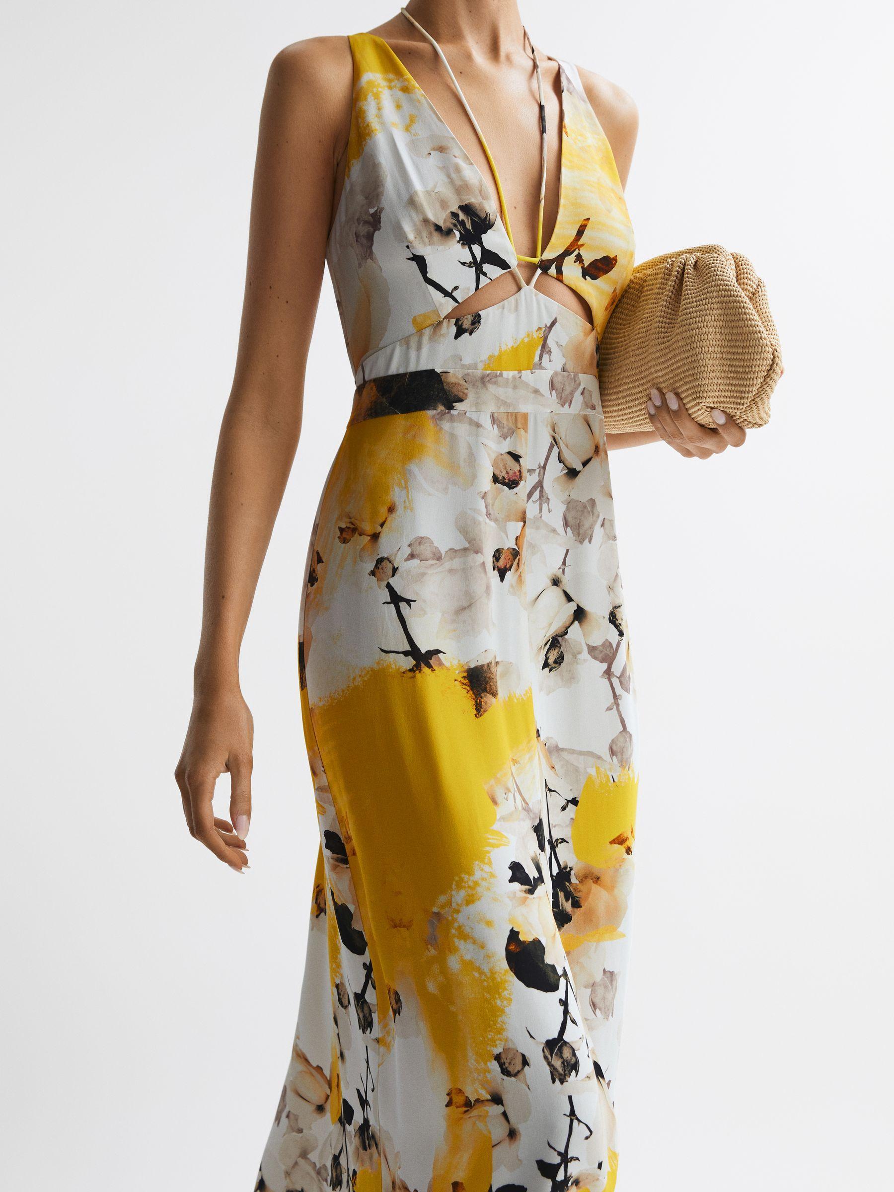 Fitted Floral Print Midi Dress in Yellow Product Image