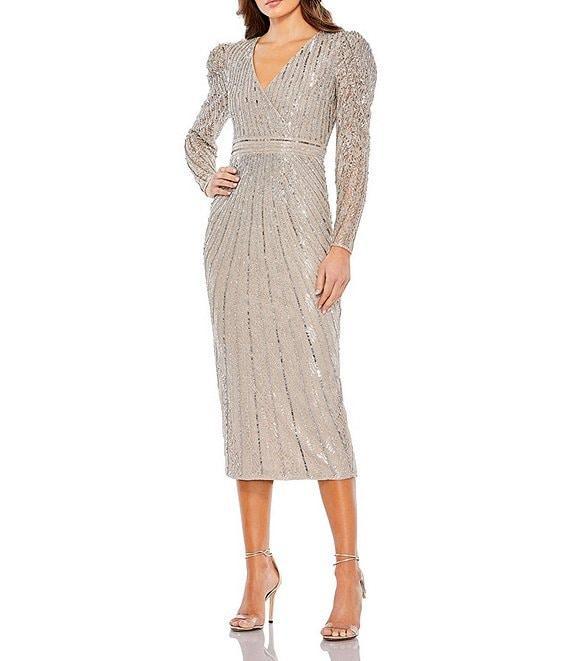 Mac Duggal Beaded Lace Surplice V-Neck Long Sleeve Embellished Midi Sheath Dress Product Image