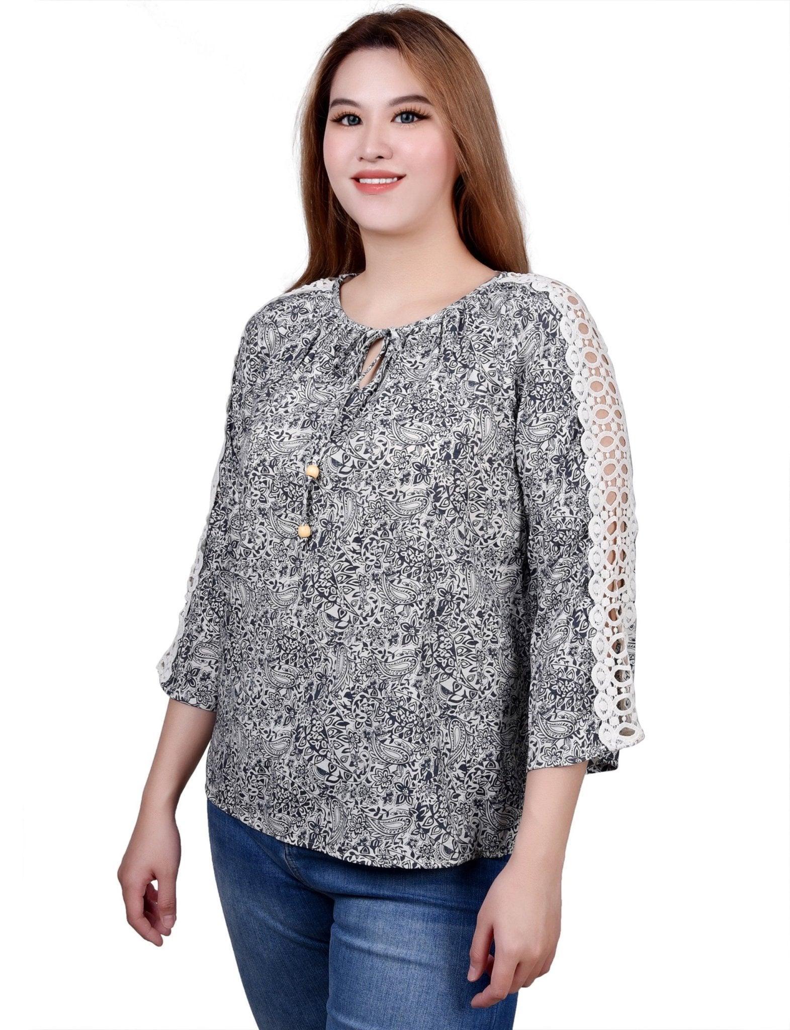 3/4 Length Sleeve Crochet Detail Blouse Product Image