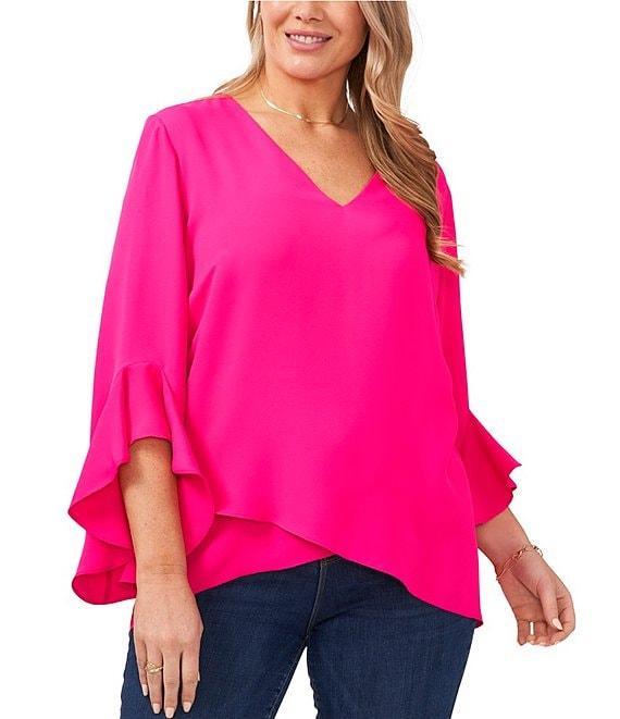 Vince Camuto Plus Size Luxe Crepe De Chine 3/4 Ruffle Sleeve V-Neck Crisscross Hem Tunic Product Image