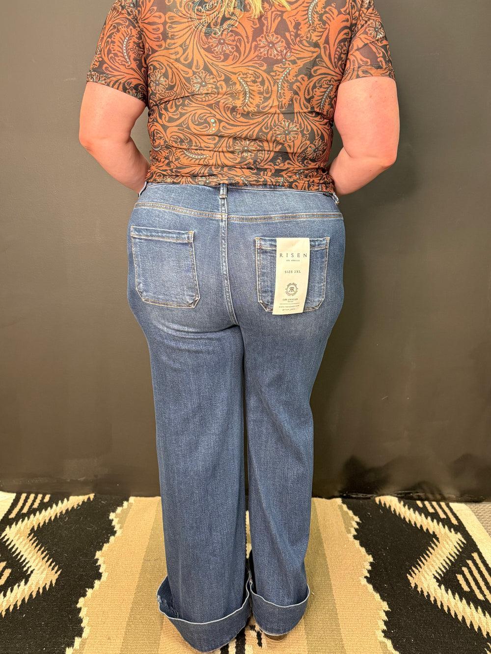 PLUS High Rise Wide Flare Patch Pocket Jeans Product Image