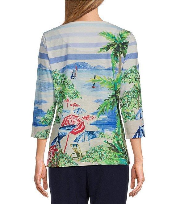 Allison Daley Petite Size Miami Beach Print 3/4 Sleeve Crew Neckline Knit Top Product Image