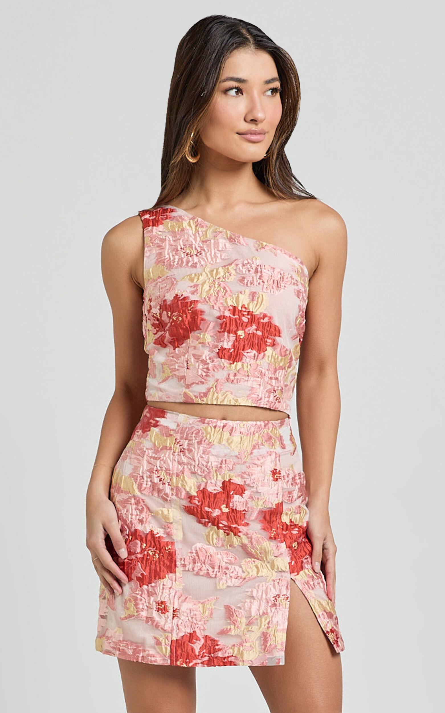 Anita Two Piece Set - One Shoulder Crop Top and Split Mini Skirt Jacquard Set in Rust Product Image