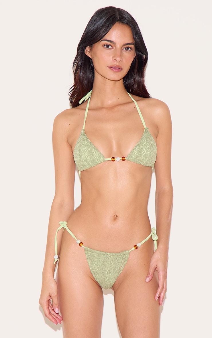 Sage Green Textured Bead Detail Tie Side Bikini Bottoms Product Image