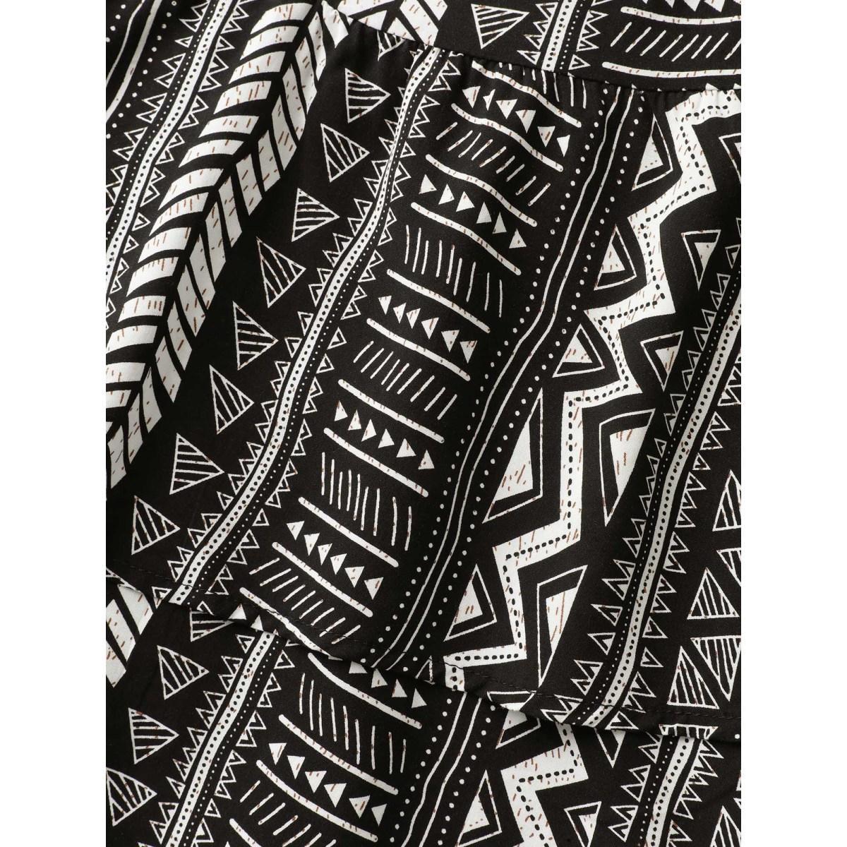 Plus Size Black Geometric Print Button Layered Blouse Women Short sleeve V-neck Vacation Blouses BloomChic 18-20/2X Product Image