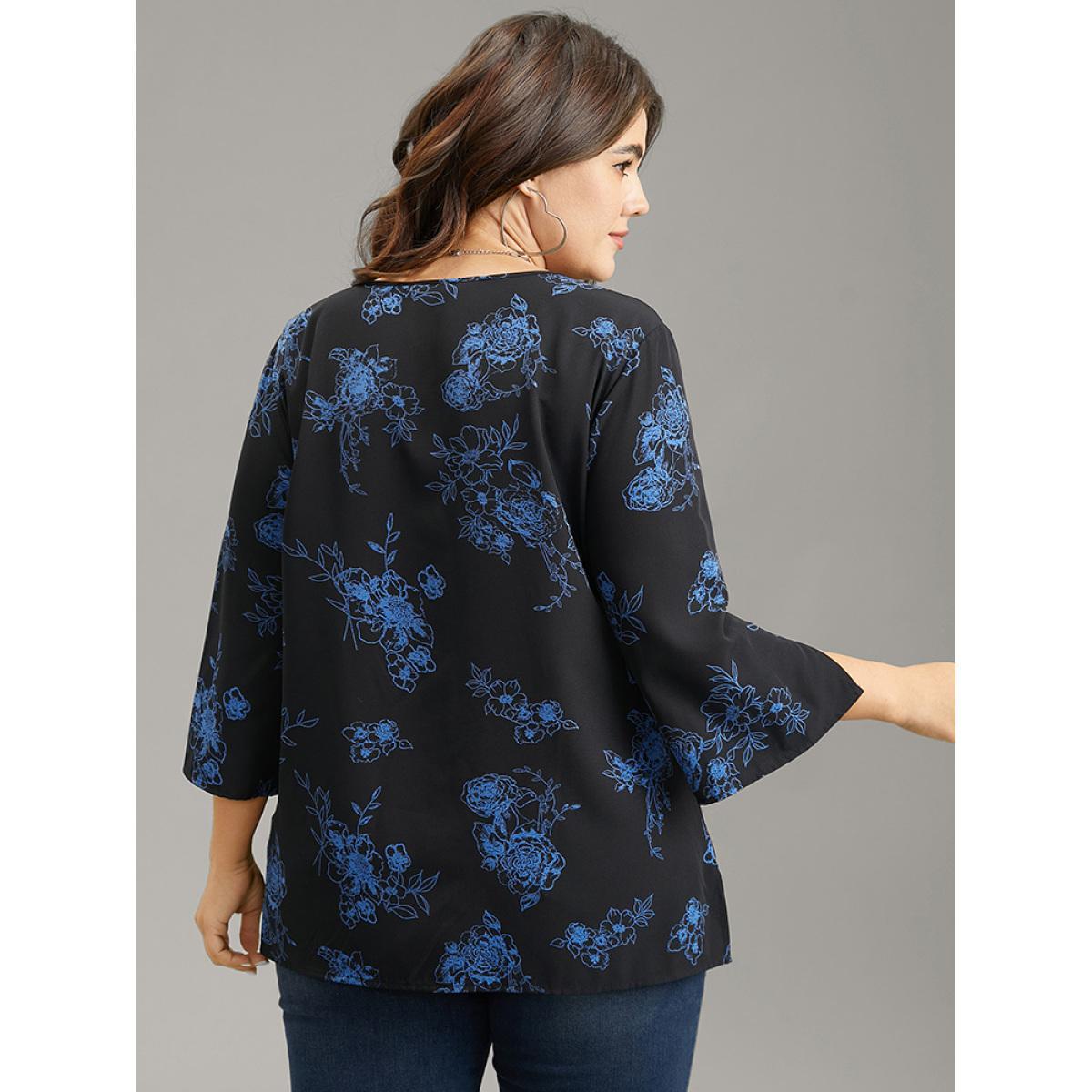 Plus Size Black Silhouette Floral Print Half Zip Split Sleeve Blouse Women Elegant Elbow-length sleeve V-neck Office Blouses BloomChic 14-16/1X Product Image
