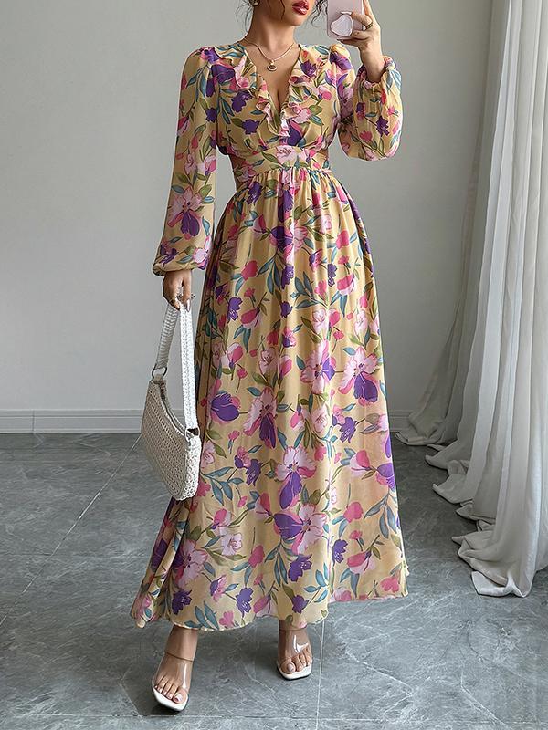 A-Line Long Sleeves Contrast Color Elasticity Flower Print Pleated Ruffle Trim V-Neck Maxi Dresses Product Image