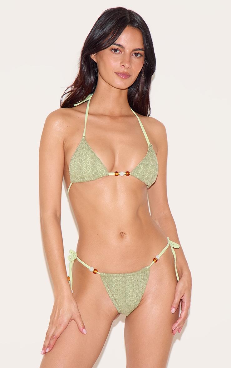 Sage Green Textured Bead Detail Triangle Bikini Top Product Image