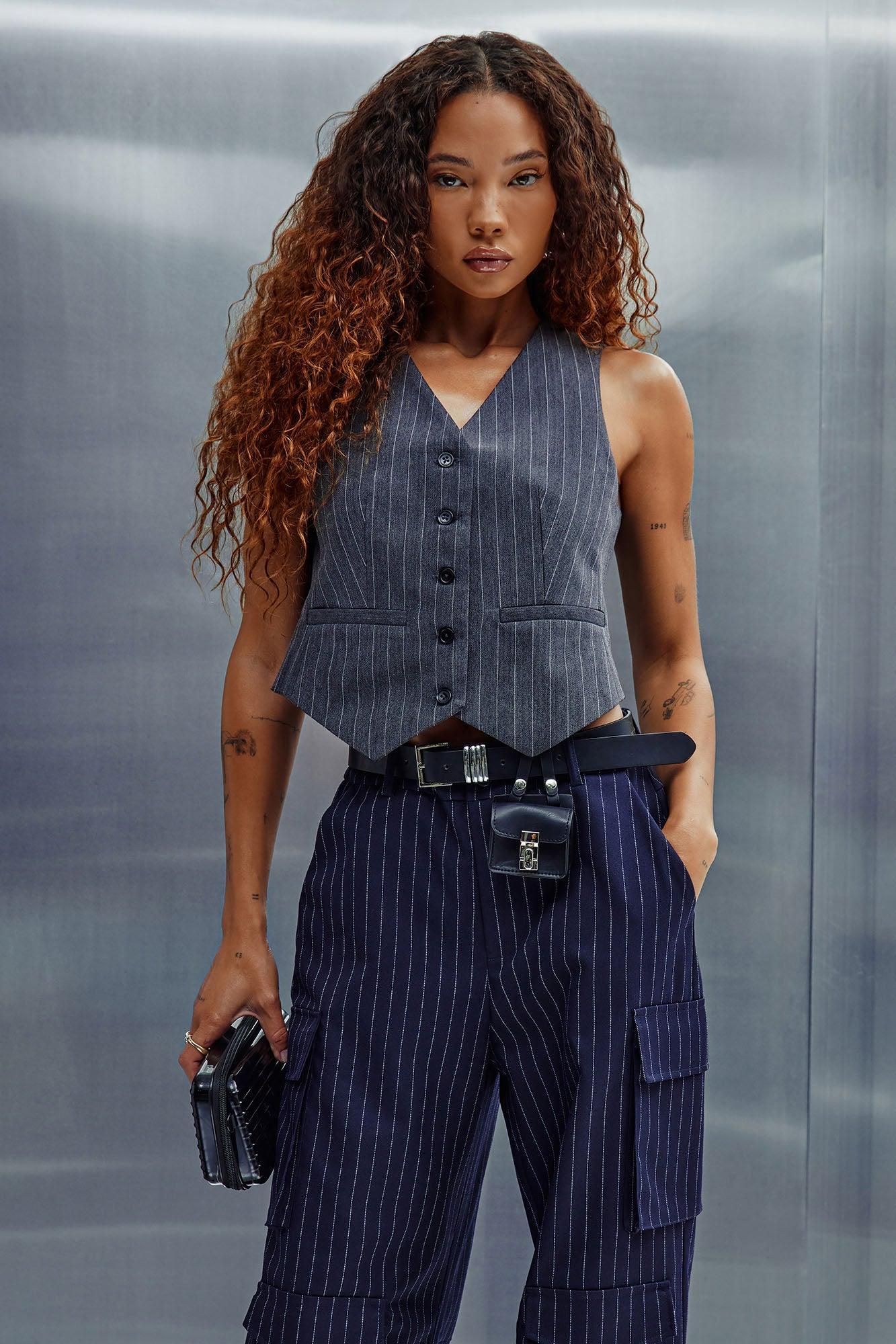 Back To Business Pinstripe Vest Top - Charcoal/combo Product Image