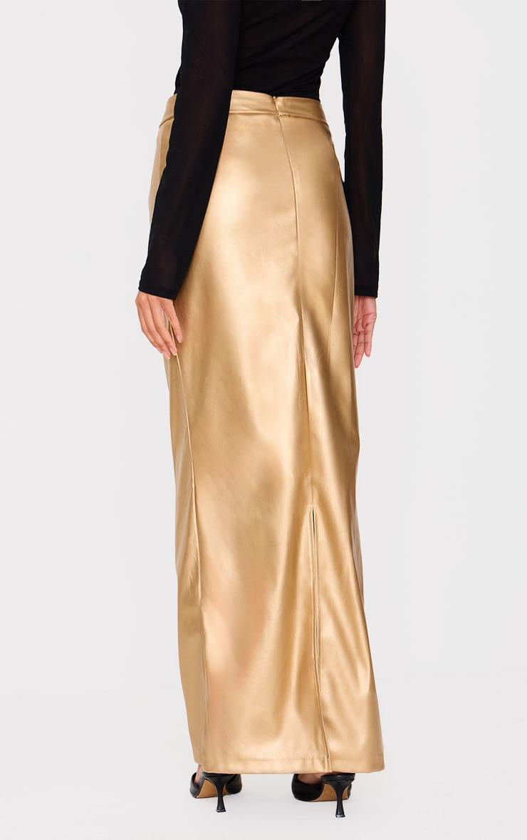 Gold Metallic Faux Leather Maxi Skirt Product Image