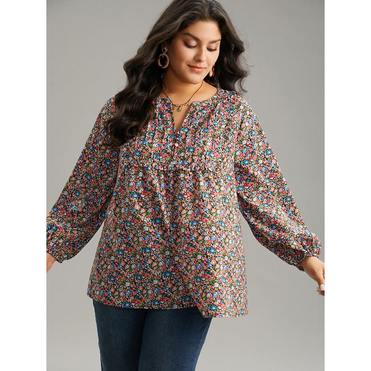 Plus Size BlackFlower Ditsy Floral Notched Frill Trim Blouse Women Elegant Long Sleeve Notched collar Dailywear Blouses BloomChic 14-16/1X Product Image