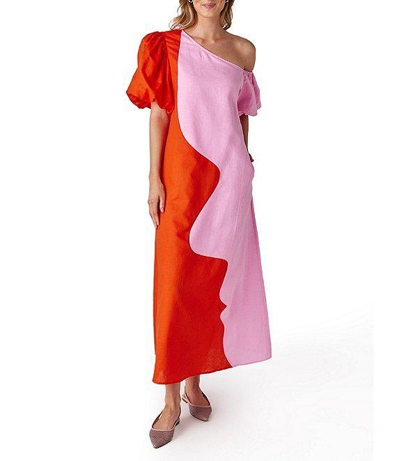 CROSBY by Mollie Burch Lovett Colorblock Asymmetrical Neckline Short Puff Sleeve Linen Maxi Dress Product Image