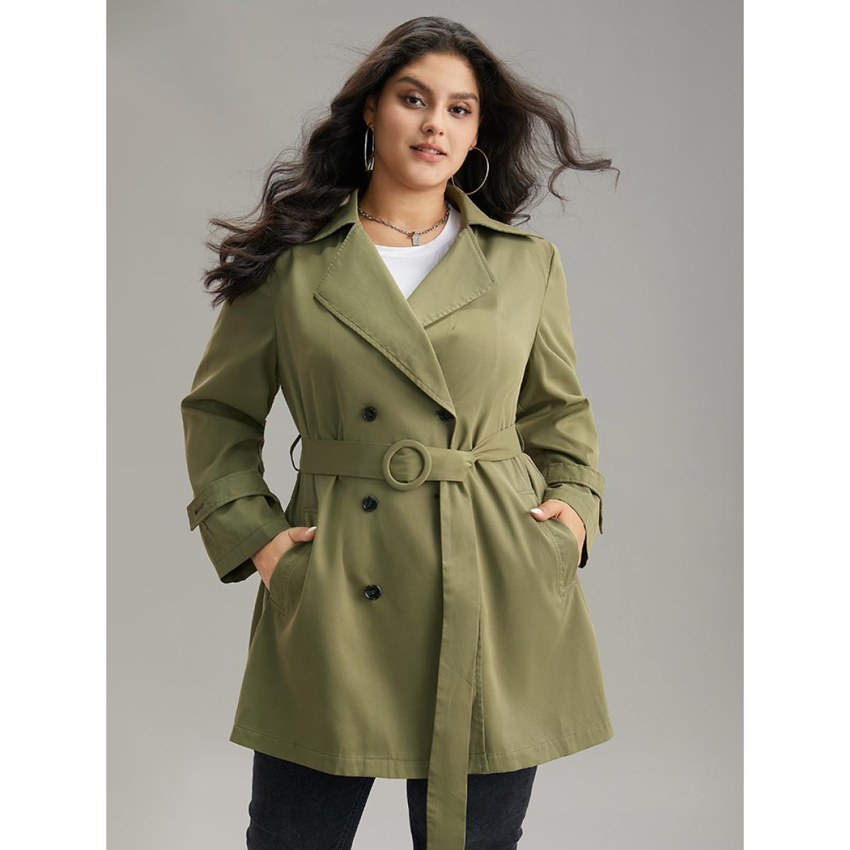 Plus Size Plain Double Breasted Belted Pocket Windbreaker Women ArmyGreen Casual Plain Ladies Dailywear Winter Coats BloomChic 28/5X Product Image