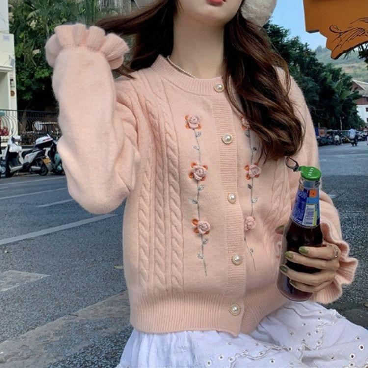 Round Neck Floral Embroidered Cardigan Product Image