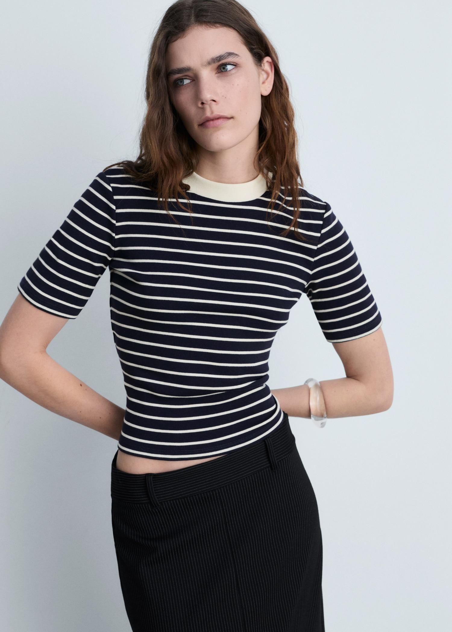 Striped cotton T-shirt - Women | MANGO USA Product Image