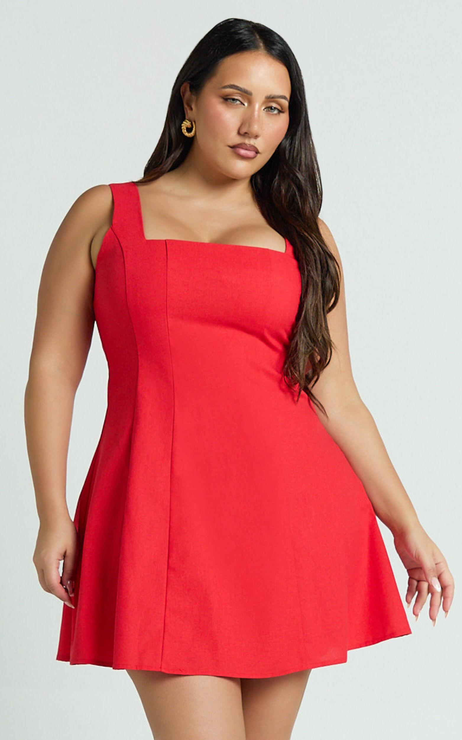 Adiana Mini Dress - Linen Square Neck Shirred Back A Line Dress in Red Product Image