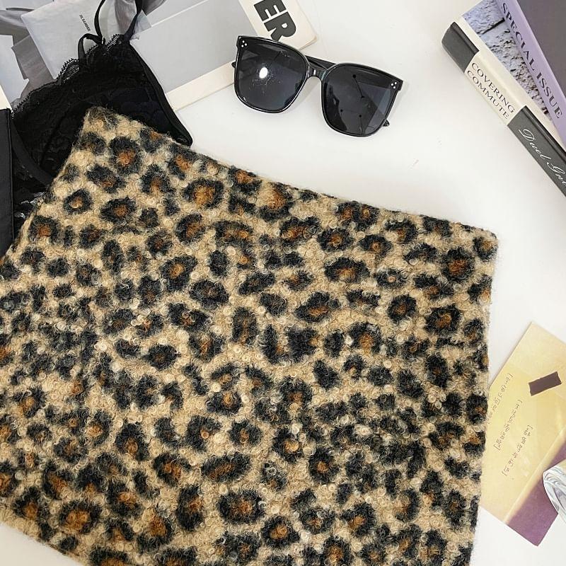 High Rise Leopard Print Fluffy Mini A-Line Skirt Product Image