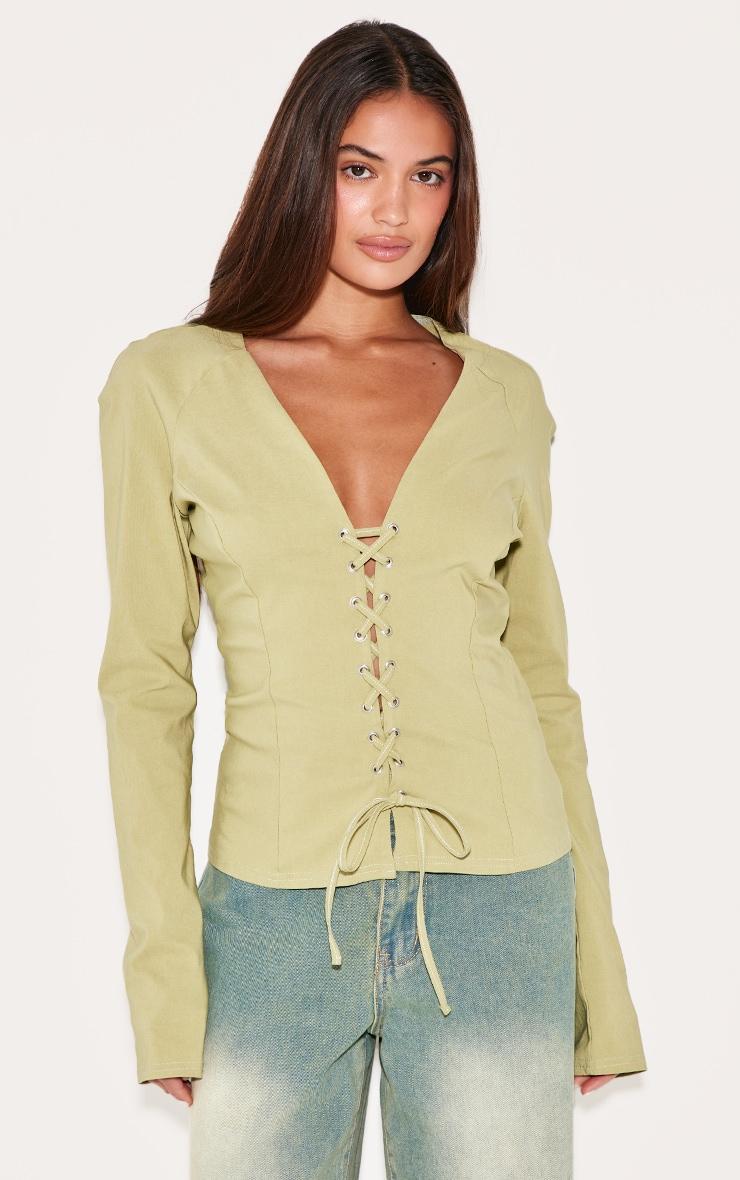 Sage Stretch Woven Tie Front Fitted Shirt Product Image