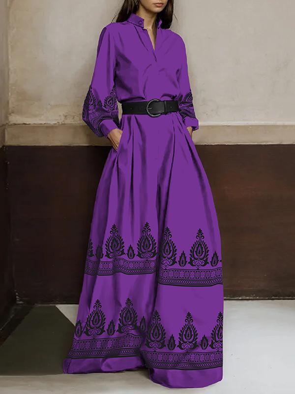 Long Sleeves Loose Buttoned Pleated Pockets Printed Stand Collar Jumpsuits Product Image