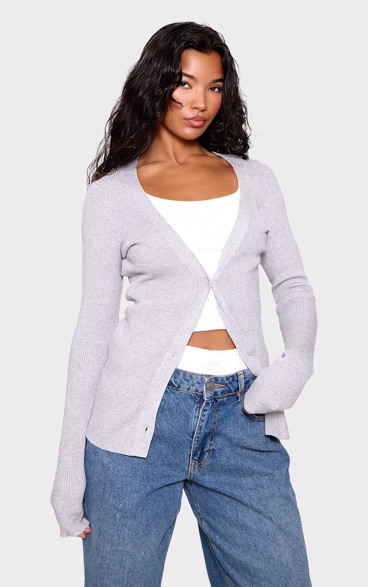 Grey Knitted Ribbed Long Sleeve Cardigan Product Image