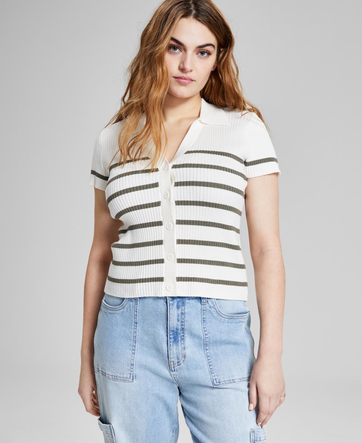 And Now This Womens Striped Ribbed Polo Short-Sleeve Sweater, Created for Macys Product Image