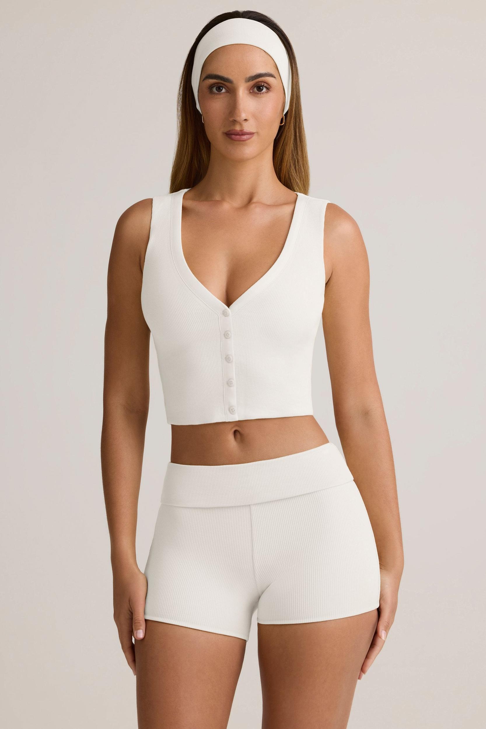 Modal Ribbed Button-Up Vest Top in White Product Image