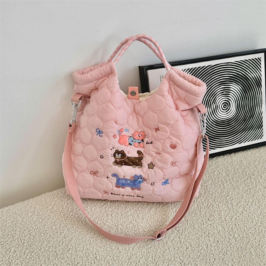 Cartoon Embroidered Heart Quilted Tote Bag Product Image