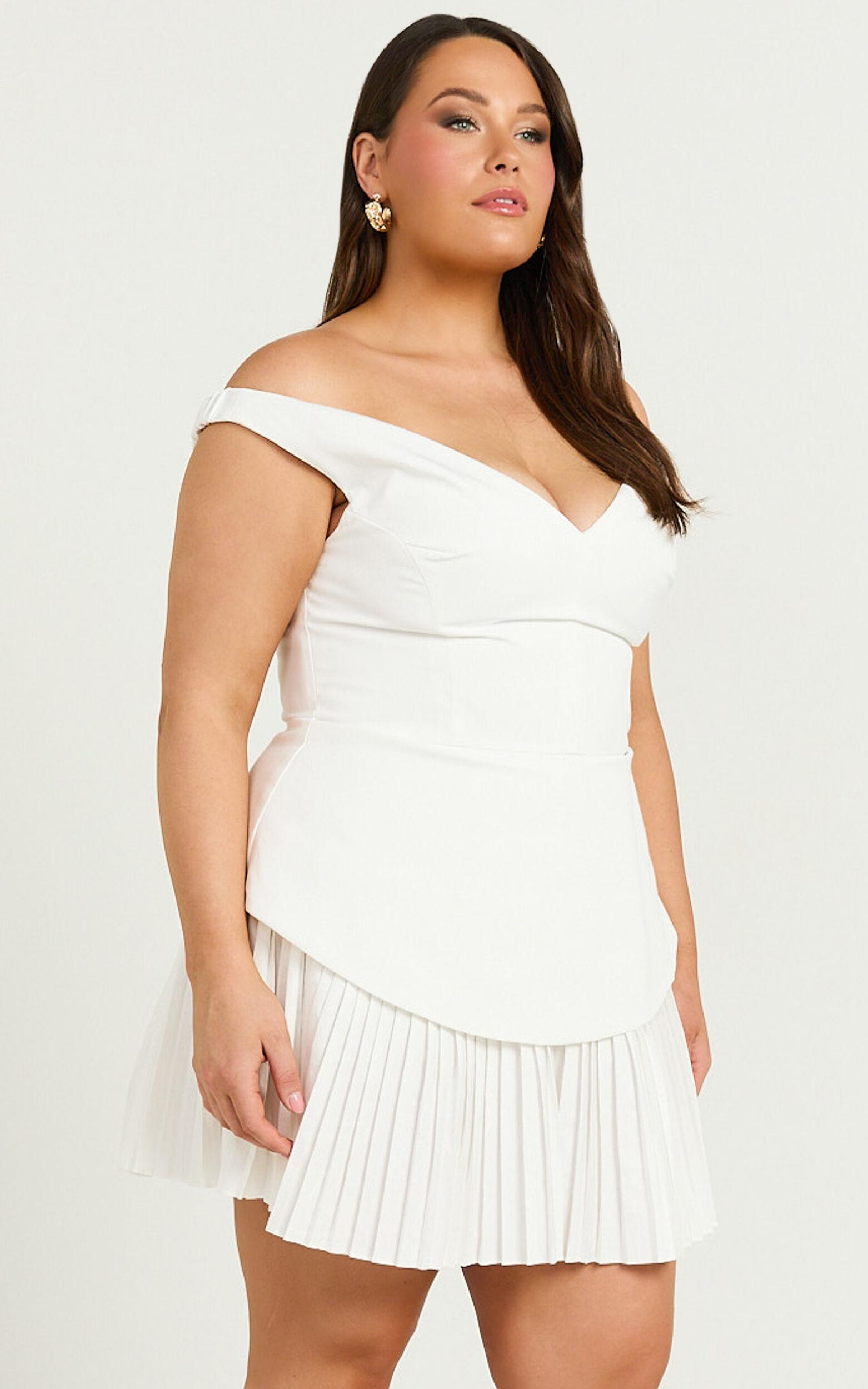 Izara Mini Dress - Off Shoulder Pleated Dress in Off White Product Image