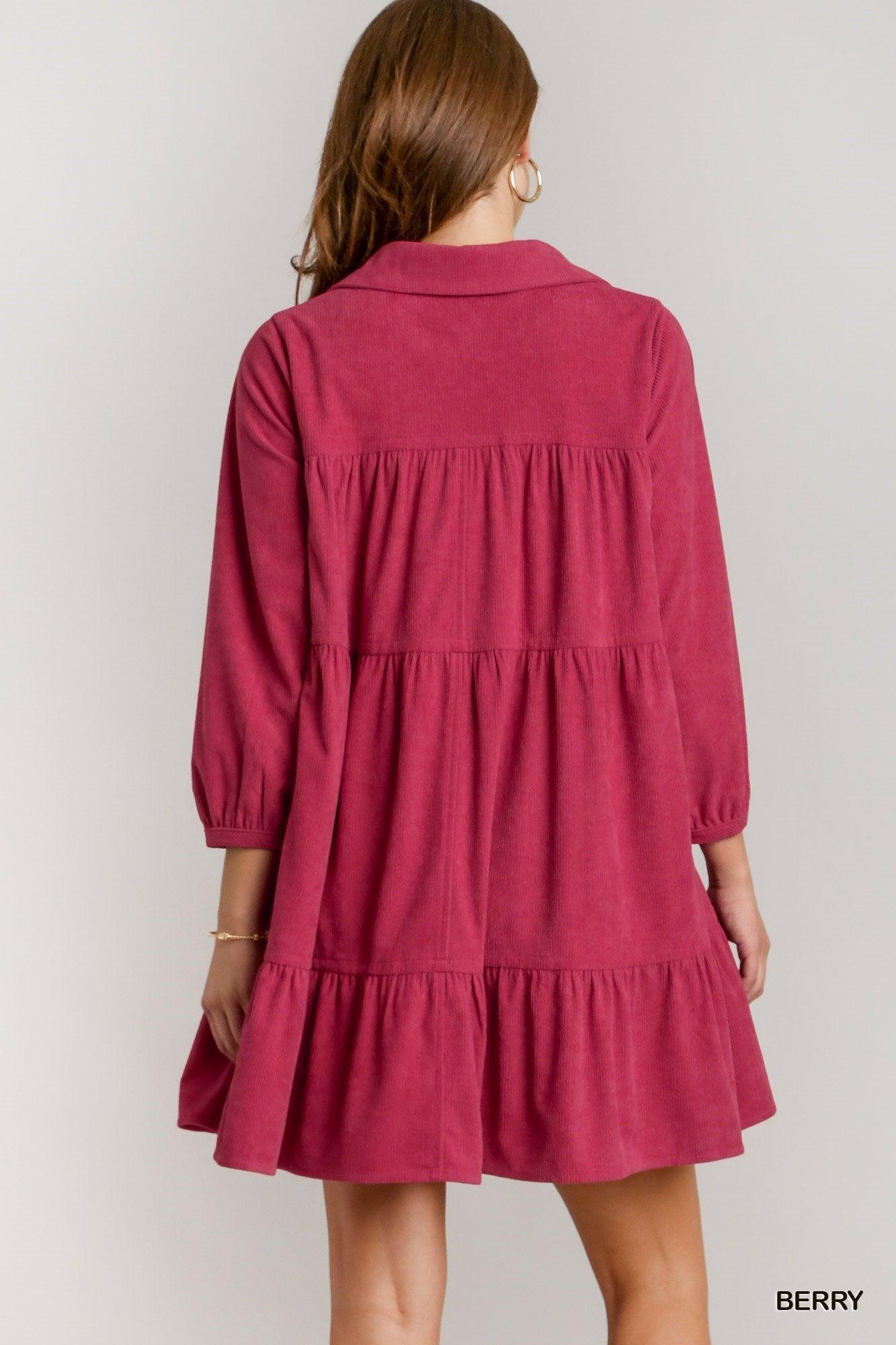 Solid Corduroy Collared V-Neck Button Down Shirt Dress with Stitch Detail Product Image