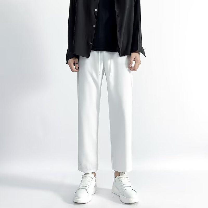 Mid Rise Plain Crop Straight Leg Pants Product Image