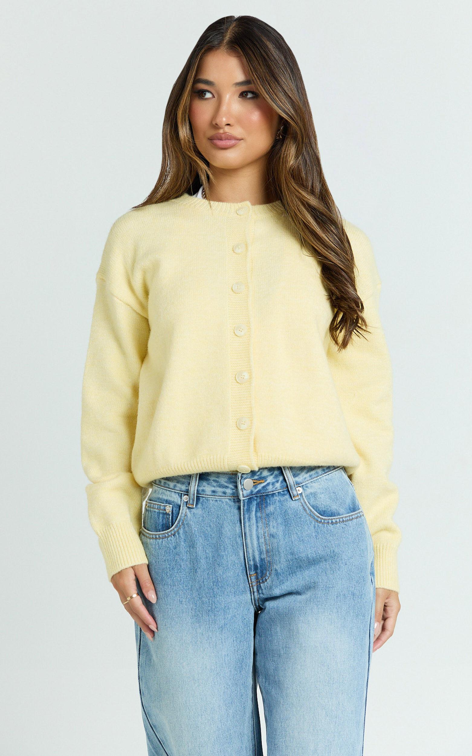 Lucille Cardigan - Button Through Scoop Neck Knit Cardigan in Lemon Product Image